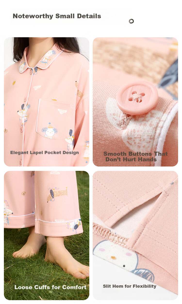 Hodohome Couples 50S Combed Elastic Cotton Printed Long Sleeve Pajamas Pink S 6