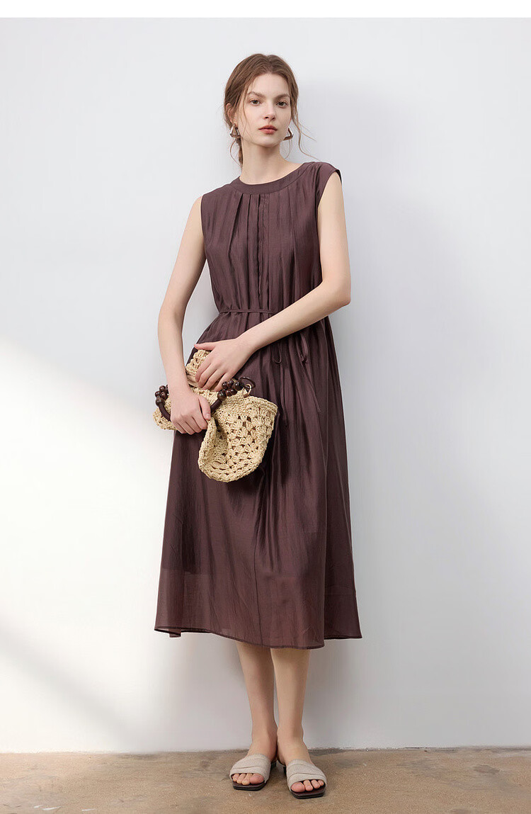 Demana Oxygen Lenzell Summer Sleeveless Pleated Waistband Loose Slim Fit Dress for Women Premium 19