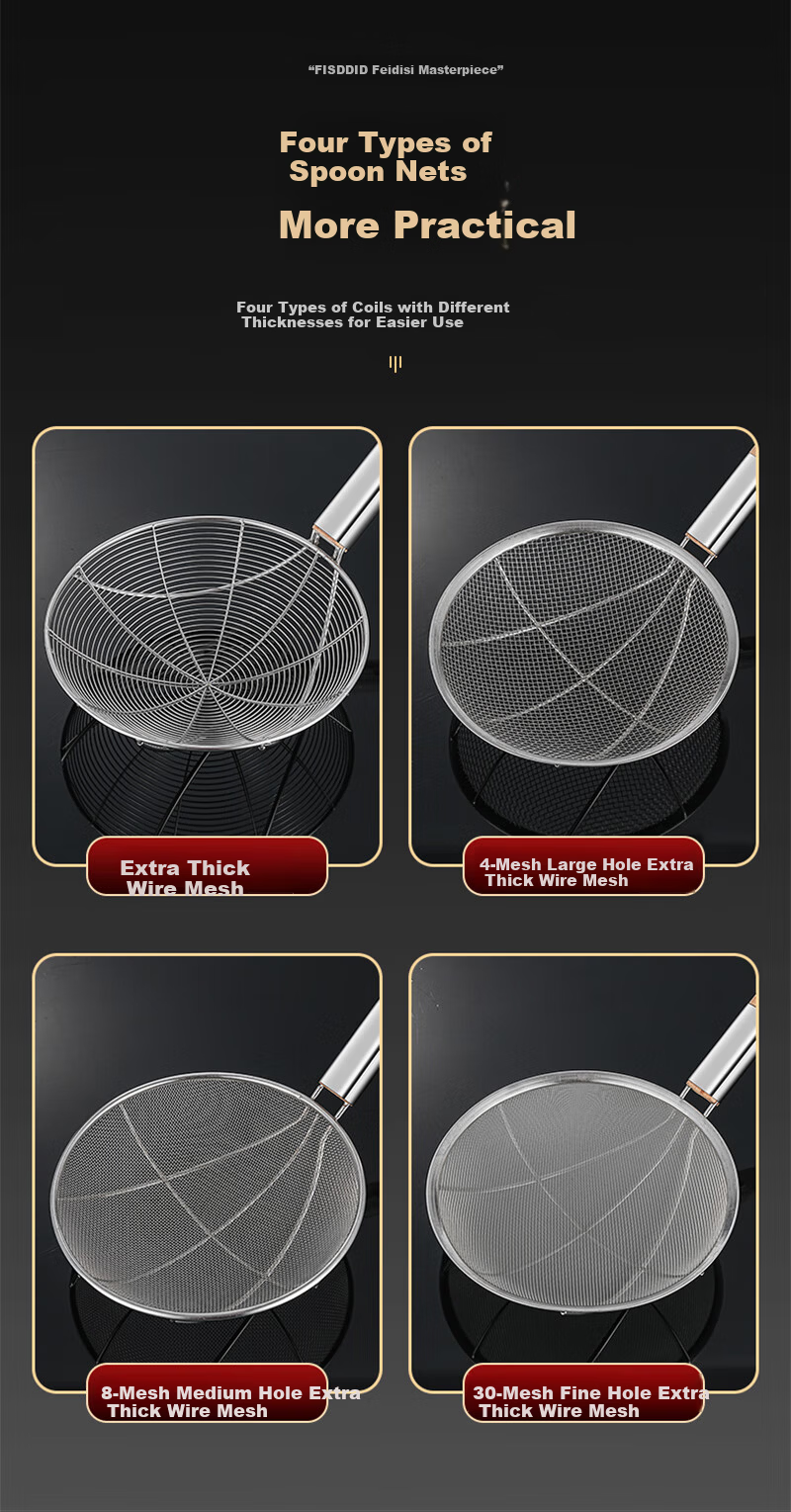 FISDDIS Large Fine Mesh Skimmer 30 Mesh 24cm Strainer Net Ladle Kitchen Household Commercial Frying Skimmer 8