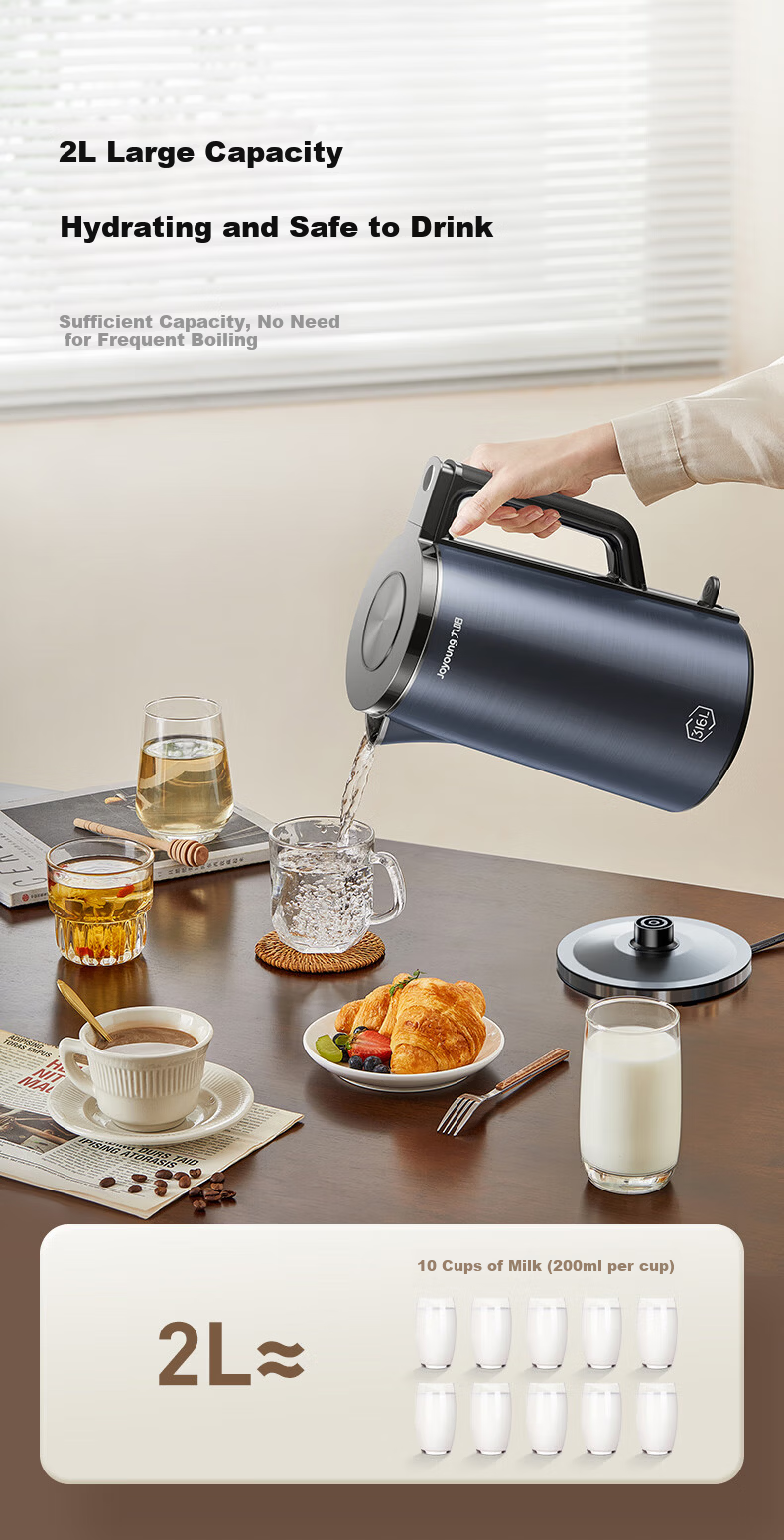 Joyoung Electric Kettle with U-Shaped Inner Pot, 1.7L Capacity, 316L Stainless Steel Seamless Design, Temperature Control, Model 17WU1B 5