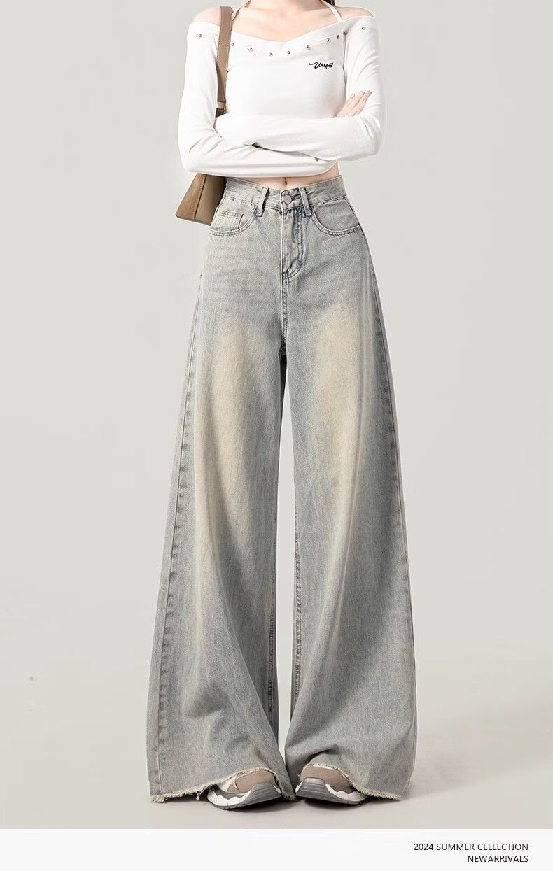 Jeanswest Women's Jeans 2026 Vintage Washed Straight High Waist Loose Distressed Raw Hem Wide Leg Pants Nostalgic Blue L 11