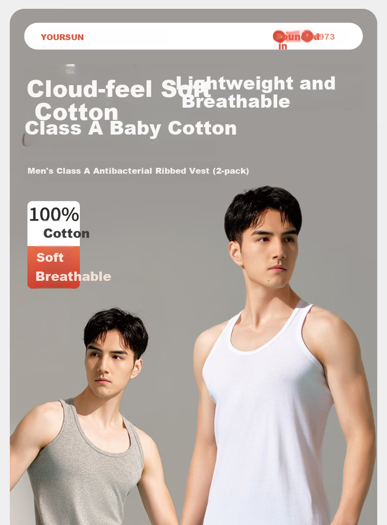 Yiershuang [Class A Baby Cotton 100% Pure Cotton] 2-Pack Men's Antibacterial Sports Sleeveless Vest Base Layer Undershirt 1