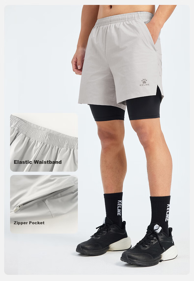 KELME Quick-Dry Men's Running Training Fitness Compression Antibacterial Two-in-One Sports Shorts Agate Black S 10