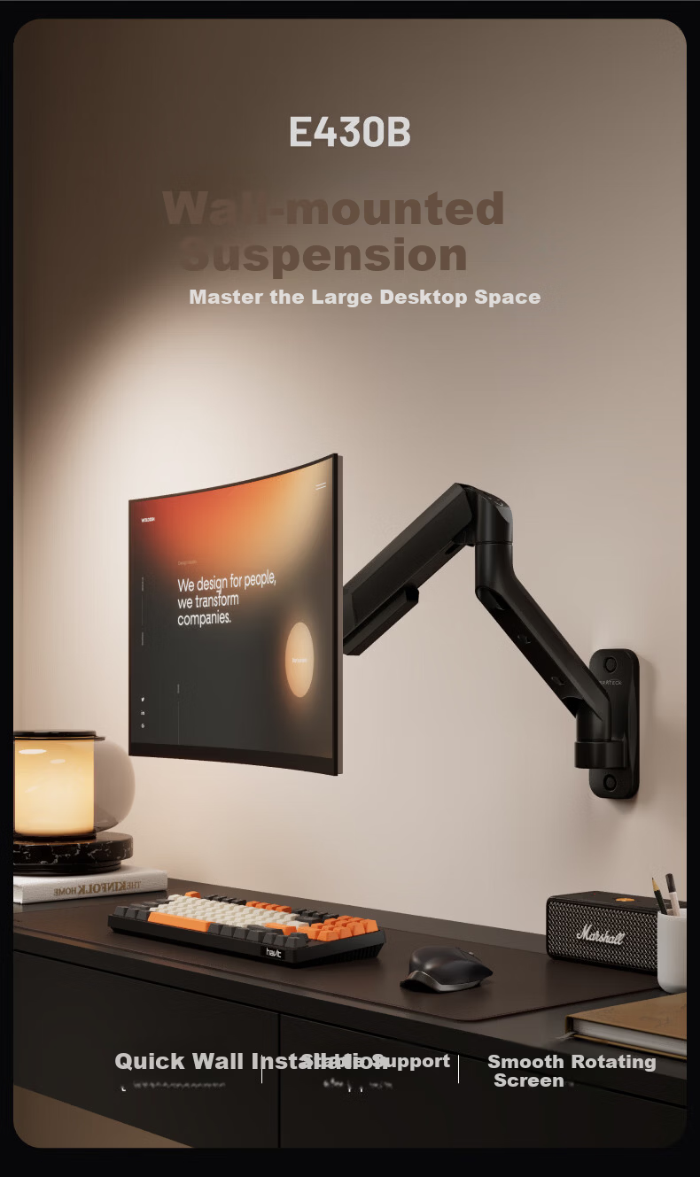 Brateck Beihu Monitor Mount Wall-Mounted Mechanical Arm Computer Stand Wall Clamp Base Screen Riser 17-40 inch E430B Dormitory Floating Support Arm 1