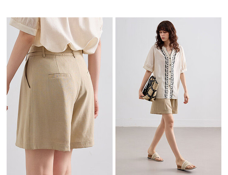 Demana Breathable Linen Feel Summer Commuter Wide-Leg Pleated Two-Button Loose Slimming Women's Casual Shorts 9
