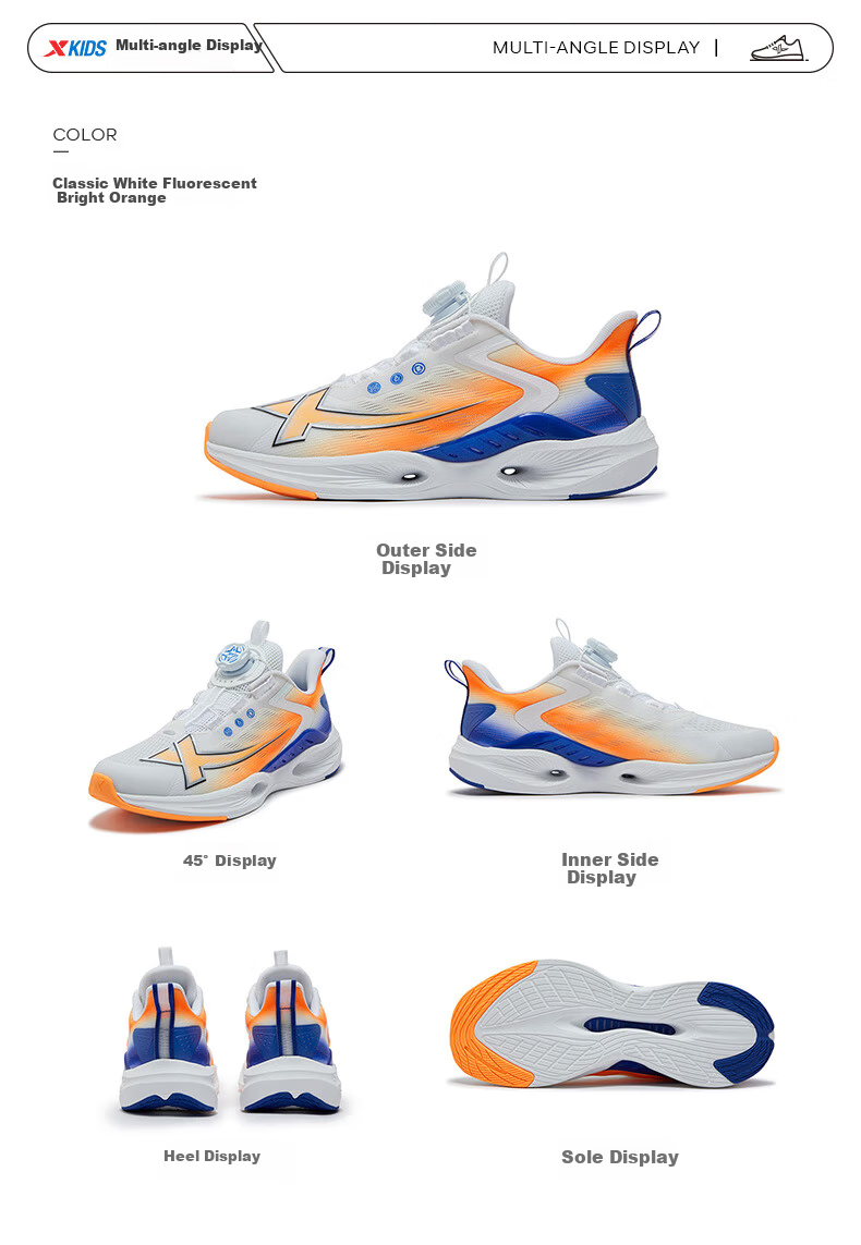XTEP Kids Boys Mesh Breathable Lightweight Non-slip Rotating Buckle Running Shoes White/Black/Tranquil Blue Size 40 39