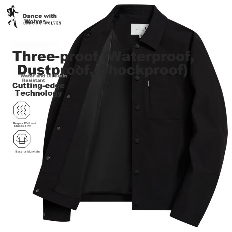 DANCING WOLVES [Three-Proof] Workwear Collar Jacket Men Oil-Resistant Outdoor Commuter Waterproof Portable Coat 001 Black S