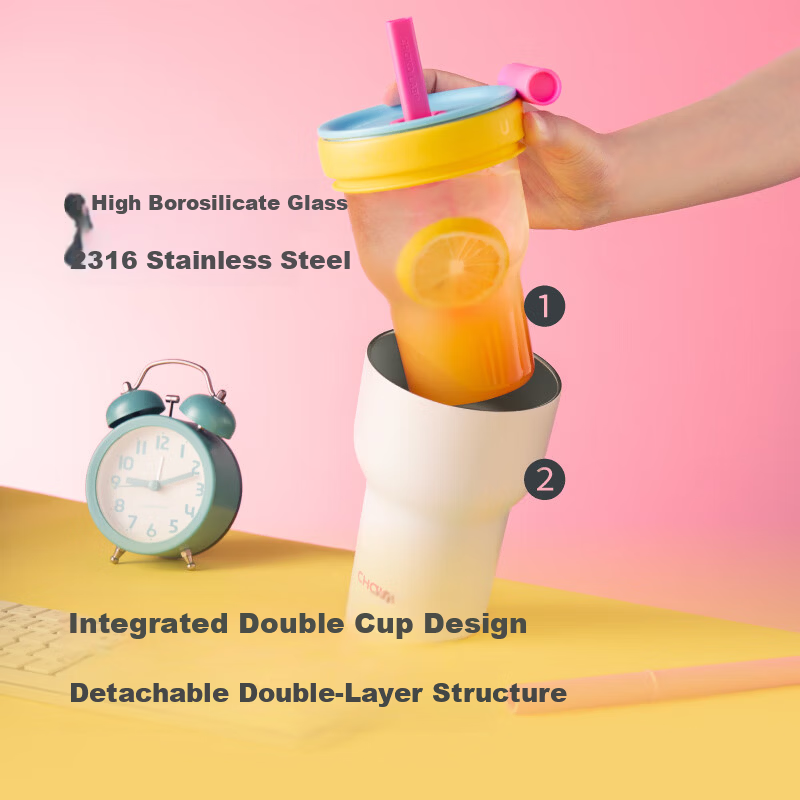 Chakolab Double-Layer Glass Insulated Tumbler Large Capacity Straw Ice Glass Cup Office Stylish Student Coffee Mug