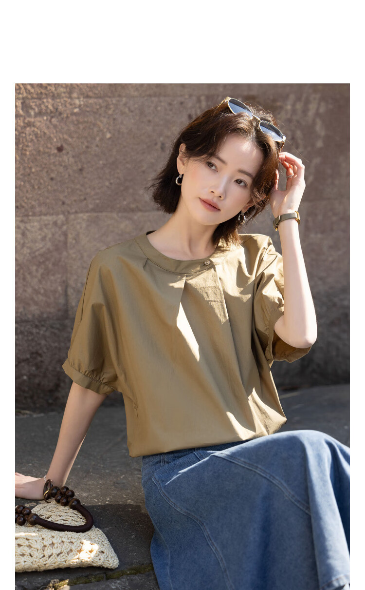 Demana [Cloud Share 100 Cotton] Summer Commuter Round Neck Waterdrop Asymmetric Button Loose Slimming Shirt for Women Premium Feel 10