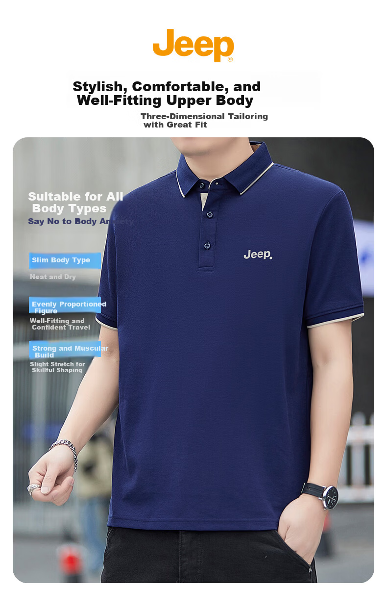 JEEP Polo Shirt for Men, Summer Breathable Short-Sleeve, Turn-Down Collar Quick-Dry T-Shirt, Business Father's Day Gift, Black, 3XL 3