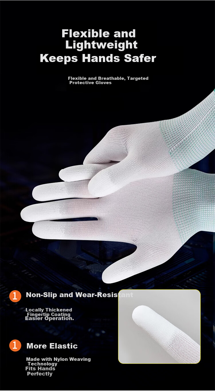 Beifute Anti-Static Gloves Carbon Fiber Nylon PU Coated Finger and Palm Work Safety Electrical Gloves 13-Gauge Breathable Wear-Resistant 8