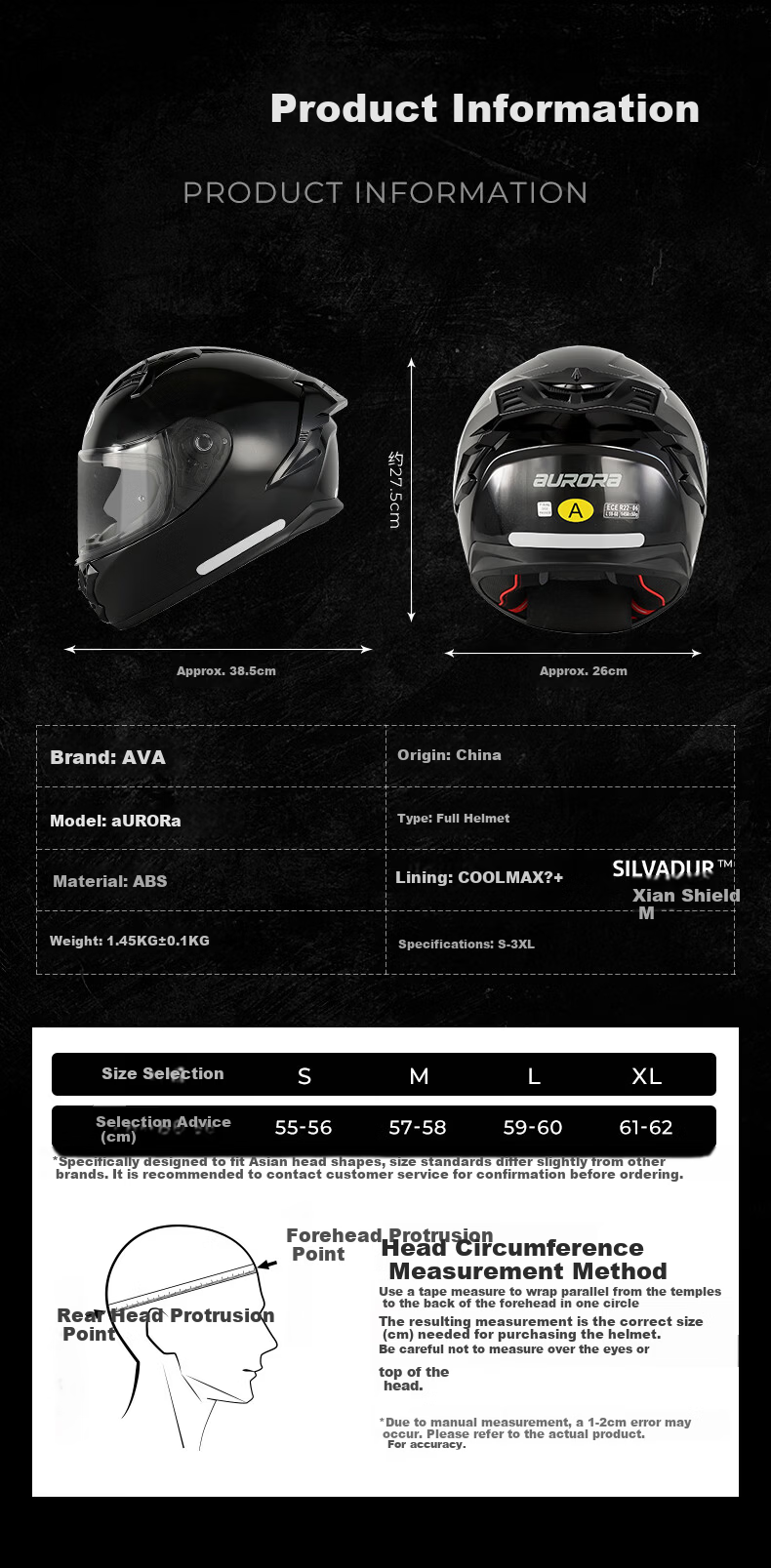 AVA Aurora Lightweight Racing Style Commuter Motorcycle Helmet Full Face Four Seasons Unisex Riding Obsidian Black L 5