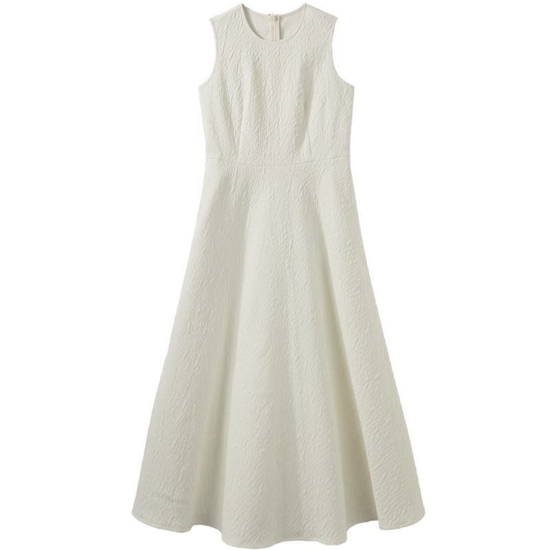 Mt "First Love White Moonlight" Summer French Luxury Textured Round Neck Sleeveless Waist-Cinched A-Line White Dress for Women