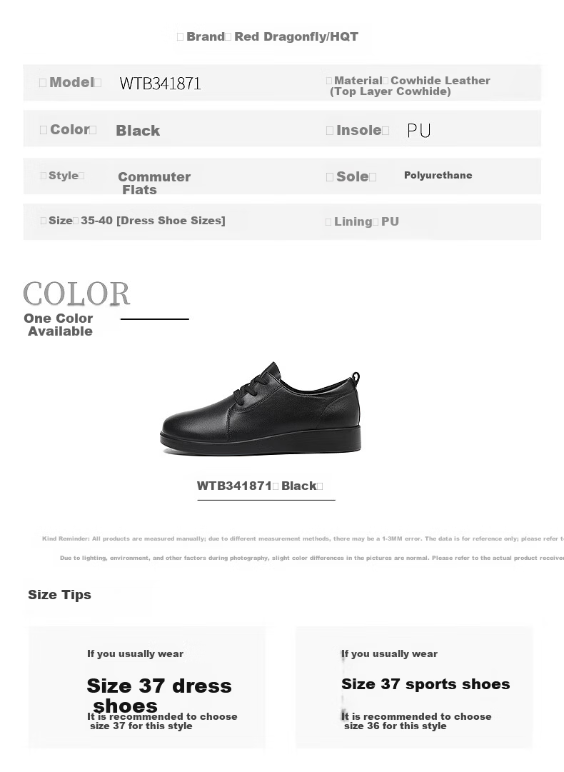 Red Dragonfly Women's Leather British Casual Soft Leather Work Flats WTB341871 Black Size 38 6