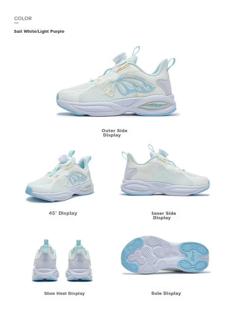 XTEP Children's Shoes for Girls, Toddler Mesh Leather Patchwork Rotating Buckle Running Shoes, Classic White/microwave Blue, Size 29 8