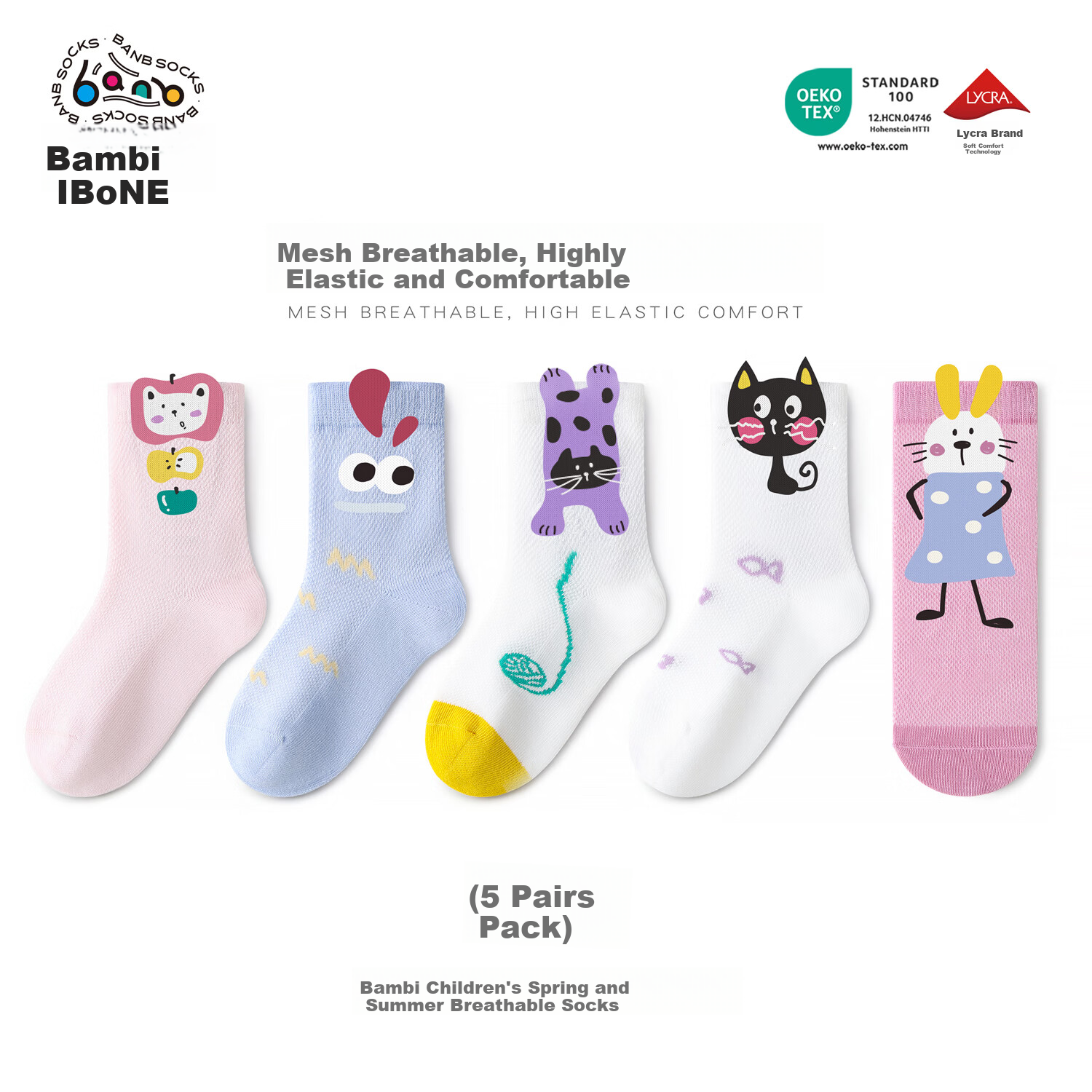 Bambi Kids Socks Spring Summer Girls Mesh Breathable Thin Mid-Calf Cotton Socks BB26018 Size 14-16
