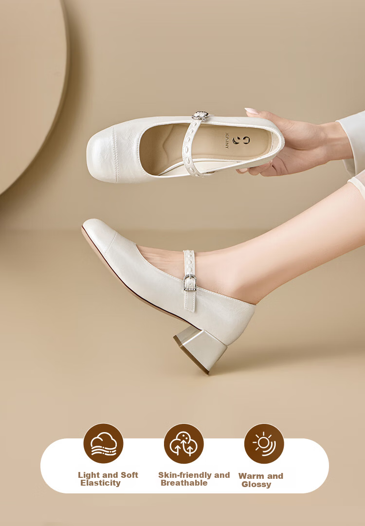 Zhuoshini Women's French Mary Jane Shoes 2026 Spring New Thick Heel Elegant Skirt Matching Low-Cut Flats Off-White Size 38 6