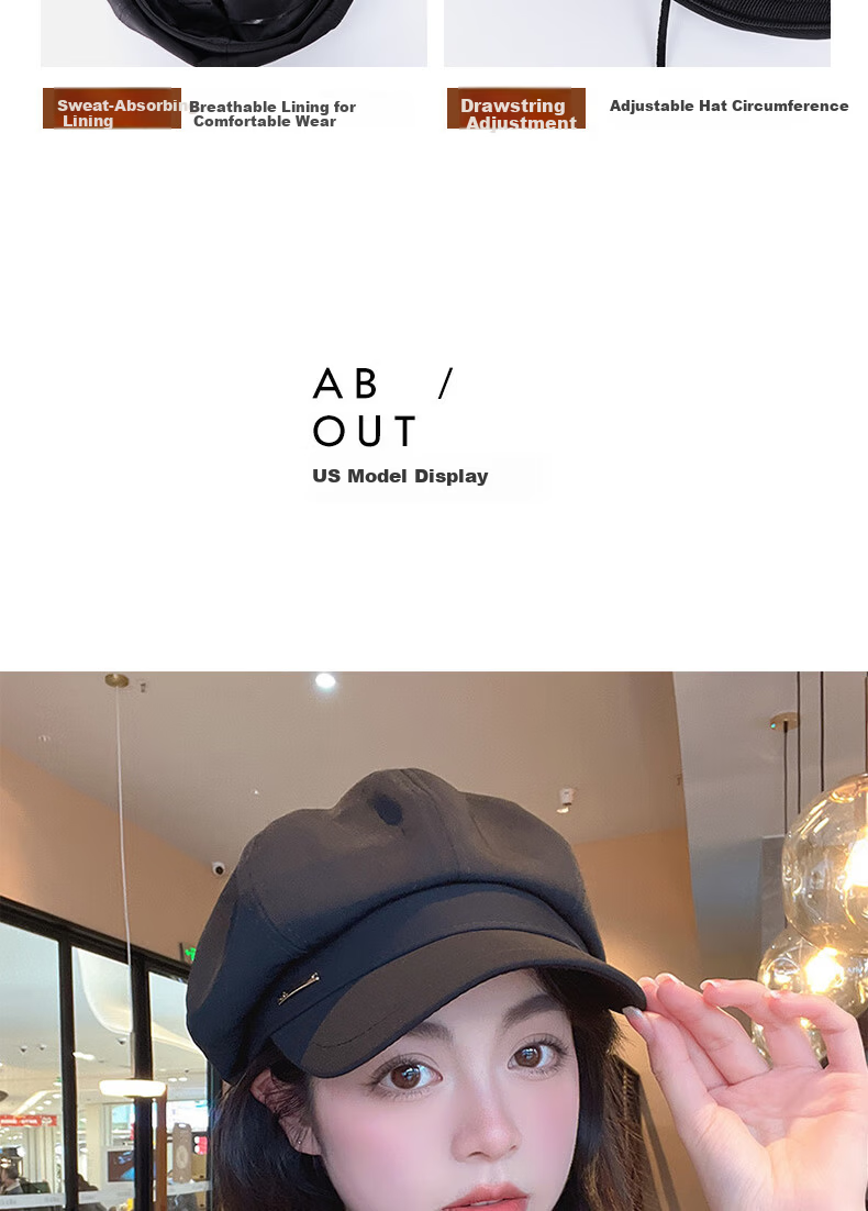 XUEXIMAN Women's Beret Hat Black Vintage Duckbill Octagonal Cap Large Head Circumference 7