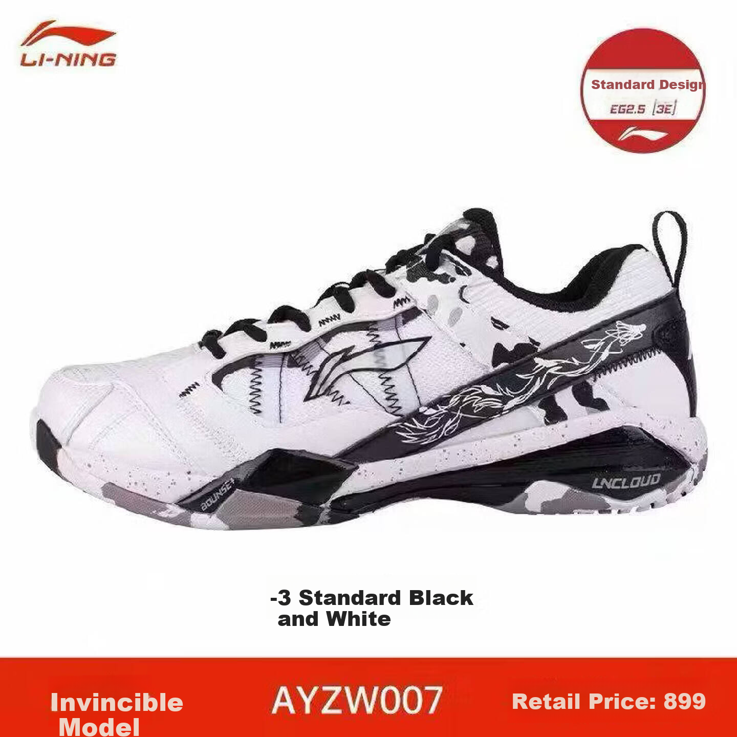 LI-NING Badminton Shoes Invincible Standard White/Black AYZW007-3 Size 37