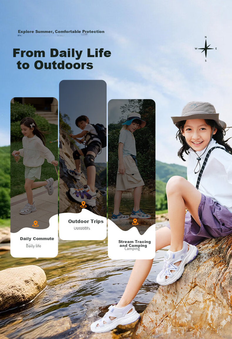 DR·KONG Full Contact Summer Sandals for Boys and Girls, Sports Style, Slip-On with Rotary Buckle, Model 2S10B2004FM, Beige/Blue, Size 32 5