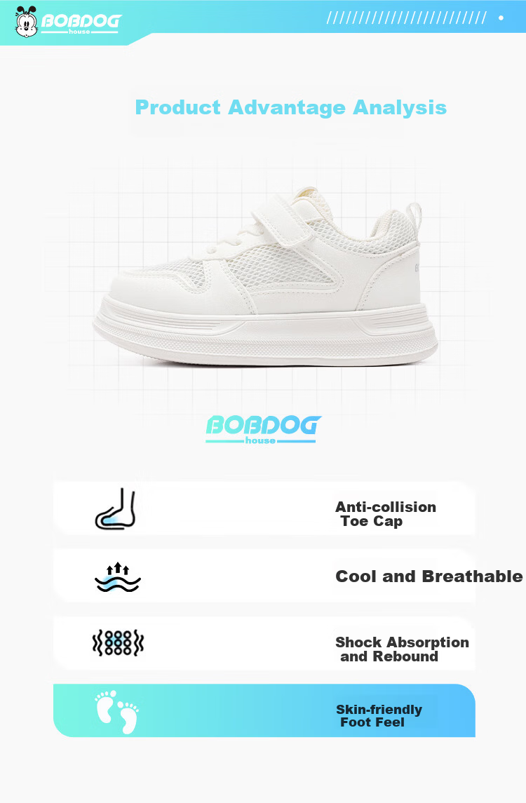 BOBDOG House Girls' Mesh Breathable White Sneakers Summer Kids' Casual Running Shoes 603562007 White Size 33 2