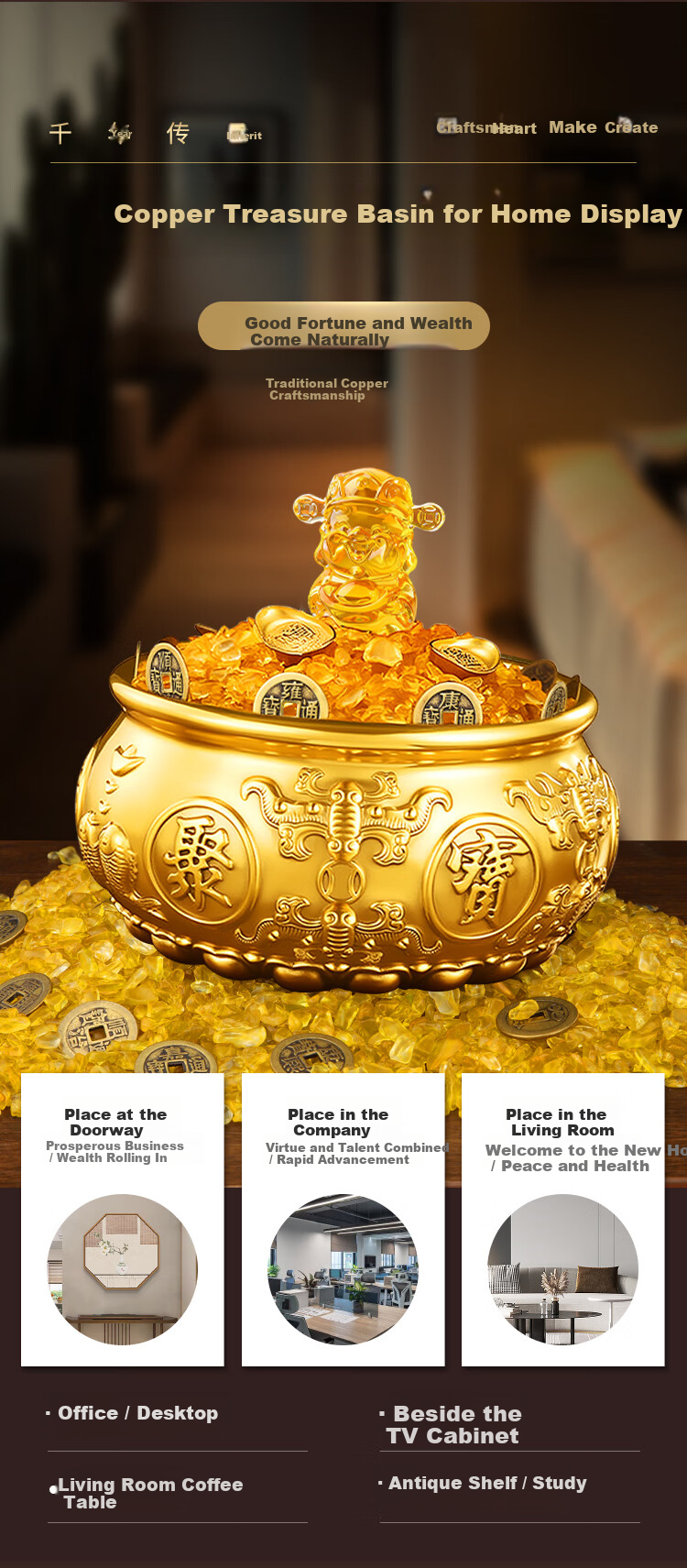 Bin Yue Brass Treasure Bowl Feng Shui Ornament Solid Copper Five Blessings Treasure Bowl Wealth Attracting Living Room Office Medium Size 1