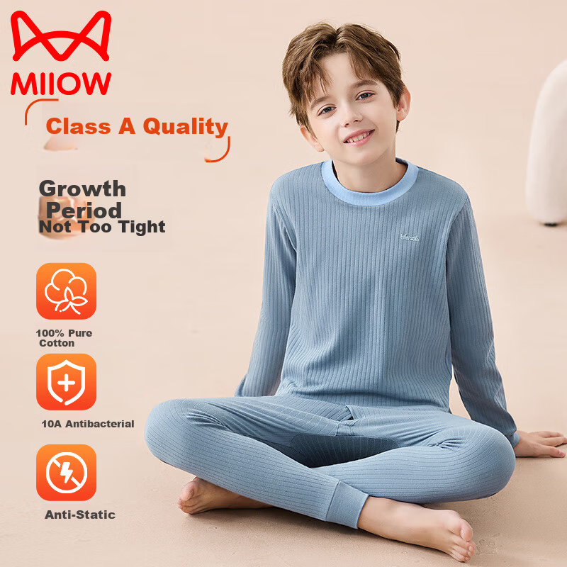 MiiOW Kids Cotton Thermal Underwear Set Boys Girls Long Johns Pajamas Full Cotton Autumn Winter Warm Base Layer