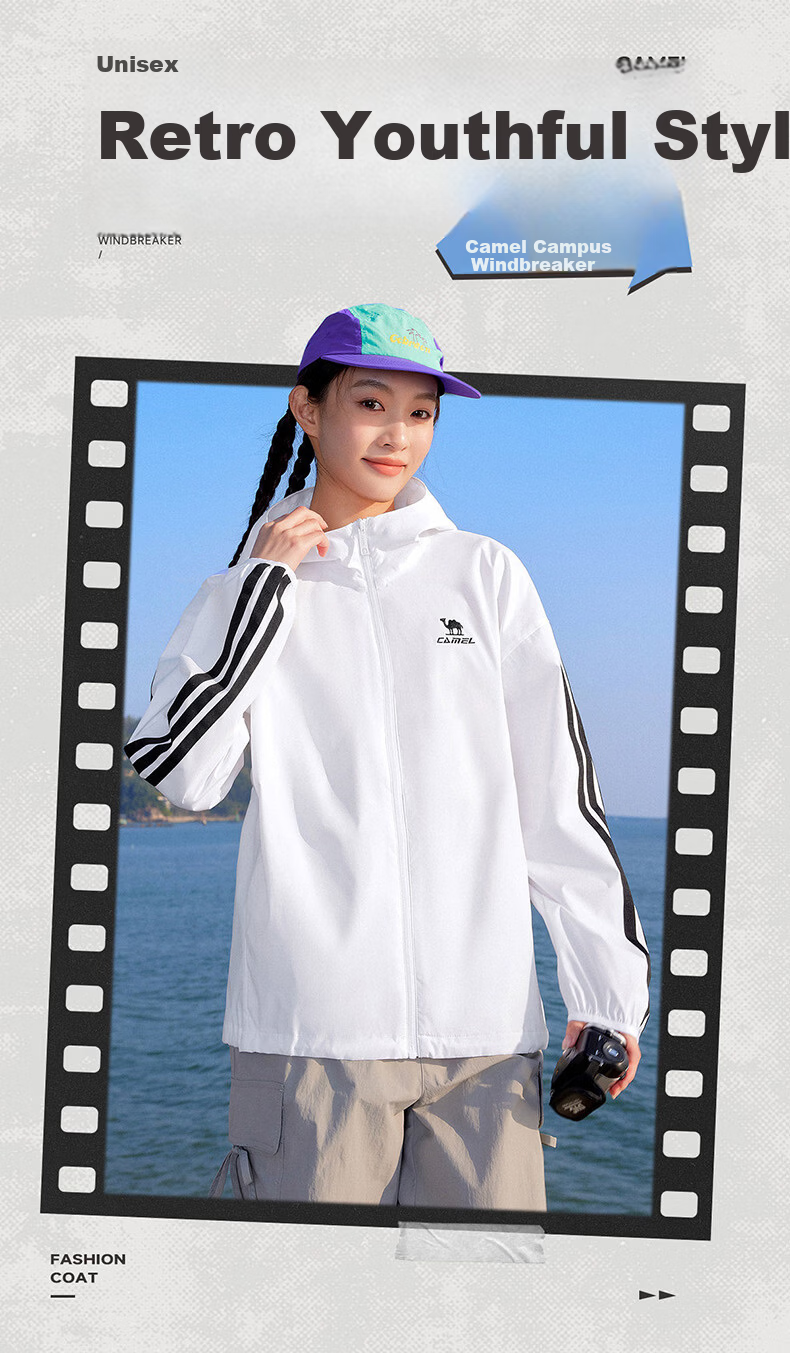 CAMEL Campus Windbreaker Retro Hooded Unisex Spring Autumn Lightweight Jacket C36BW0L4066 Phantom Black XL 2