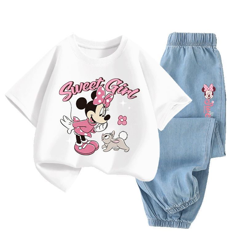 Disney Kids Set Boys and Girls Short Sleeve Tencel Denim Mosquito-Proof Pants Di Rabbit T White + Di Heart K Light Blue 160