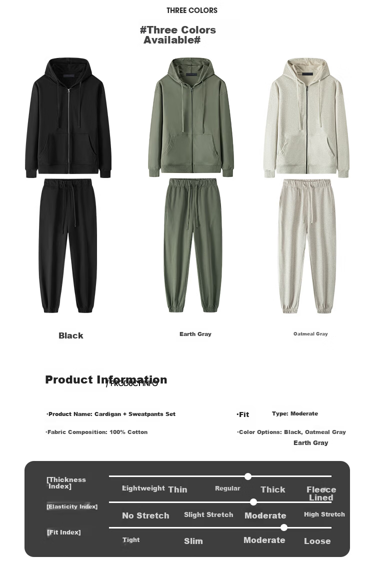 LIMENG Pure Cotton Casual Sports Suit Men Drop Shoulder Loose Fit Spring Autumn Cardigan Men's Sweatshirt Two-Piece Set Black M 3