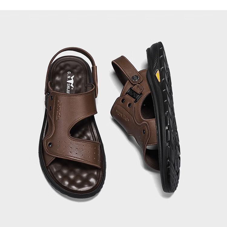 Bull Family Men's Leather Sandals Summer New Thick Sole Durable Genuine Leather Beach Shoes Breathable Versatile Two-Way Slippers 23