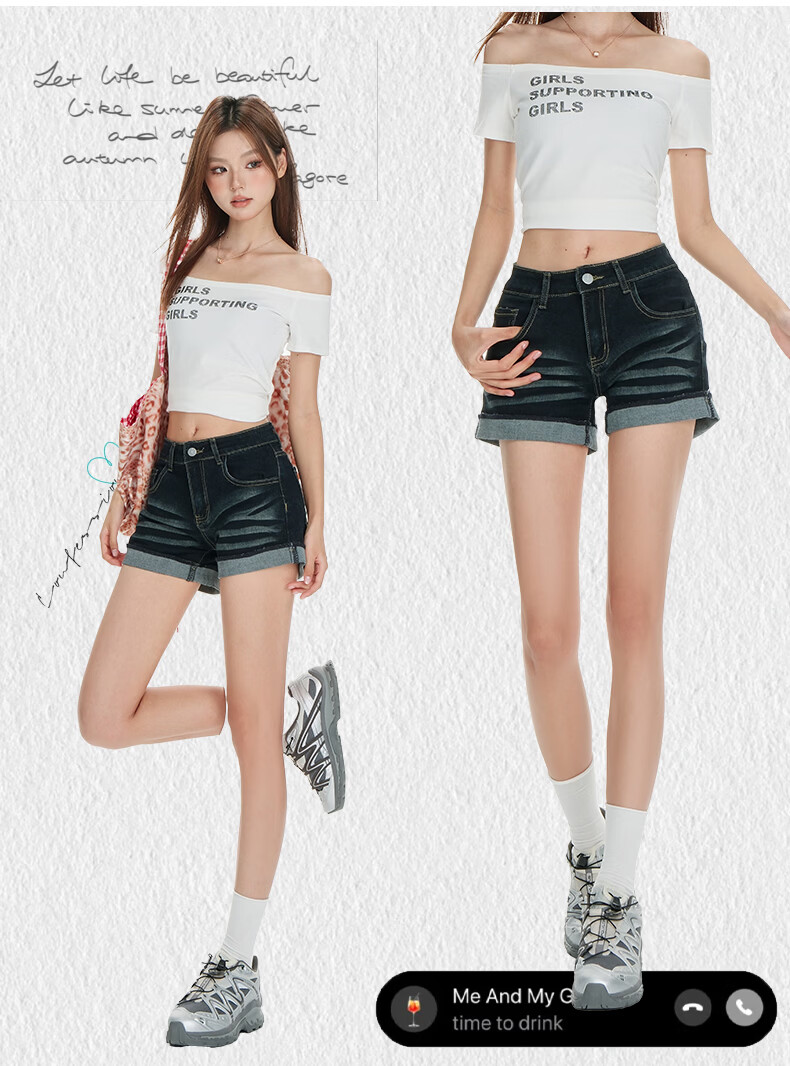Jeanswest Women's Denim Shorts 2026 Vintage Washed American Style Loose Low Waist Rolled Hem Hot Pants Black M 3