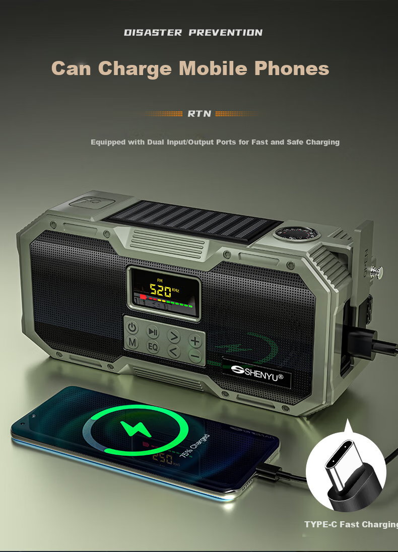 SHENYU Hand-Crank Generator Radio Full-Band High-Quality Sound Flashlight Multifunctional Solar Emergency Military Bluetooth 13