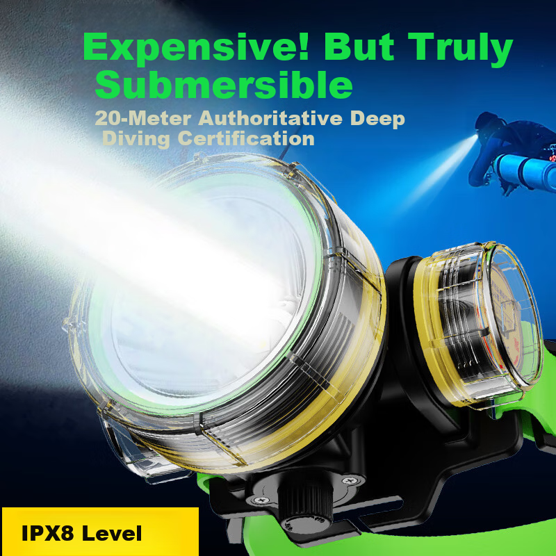 Guangming General High-Power Professional IPX8 Waterproof Rechargeable Headlamp Head-Mounted Ultra-Bright Long-Range Diving Light with Extended Battery Life for Sea and Beach Activities
