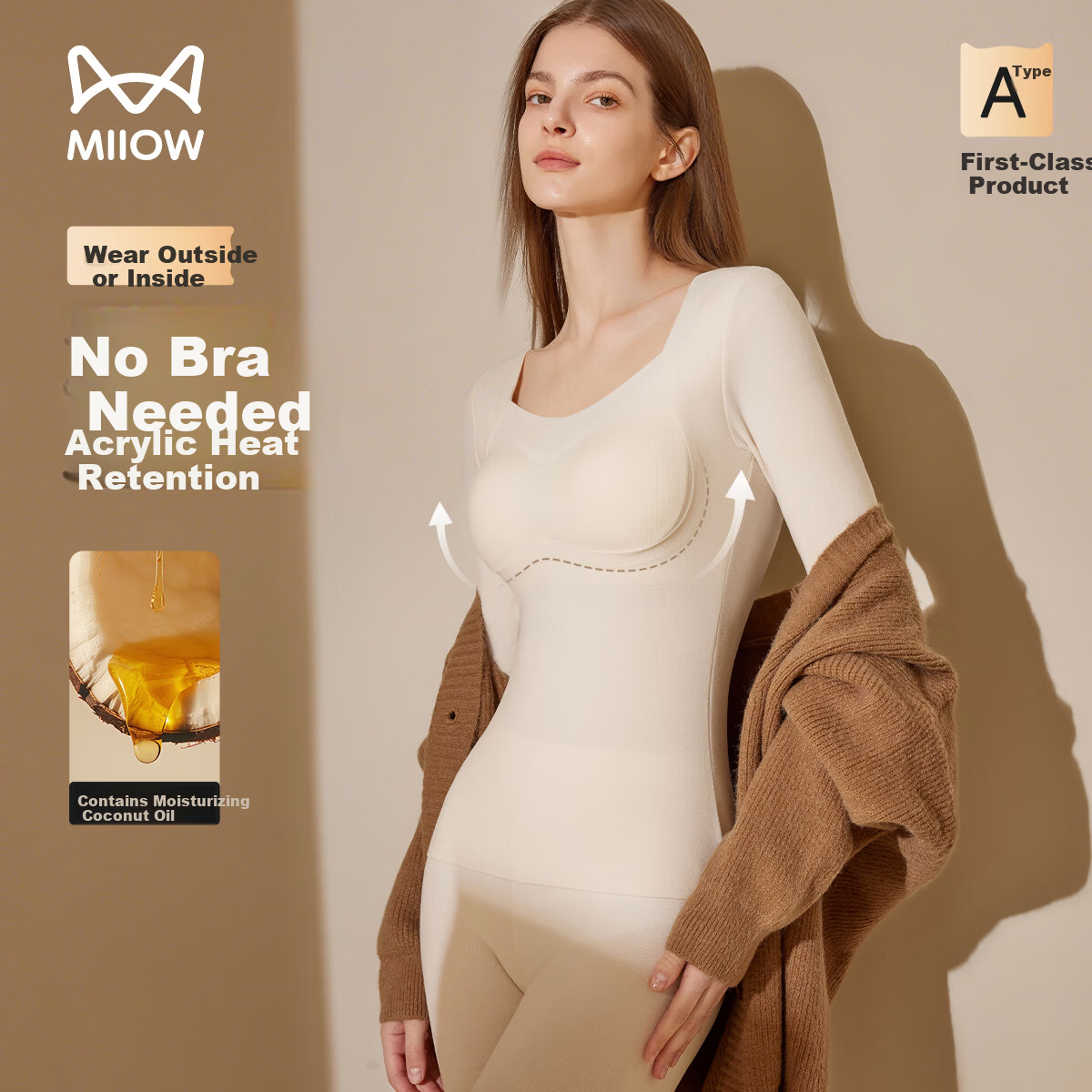Miiow Women's Thermal Acrylic Autumn Winter Underwear Set with Chest Pad, Warm Base Layer Top and Bottom