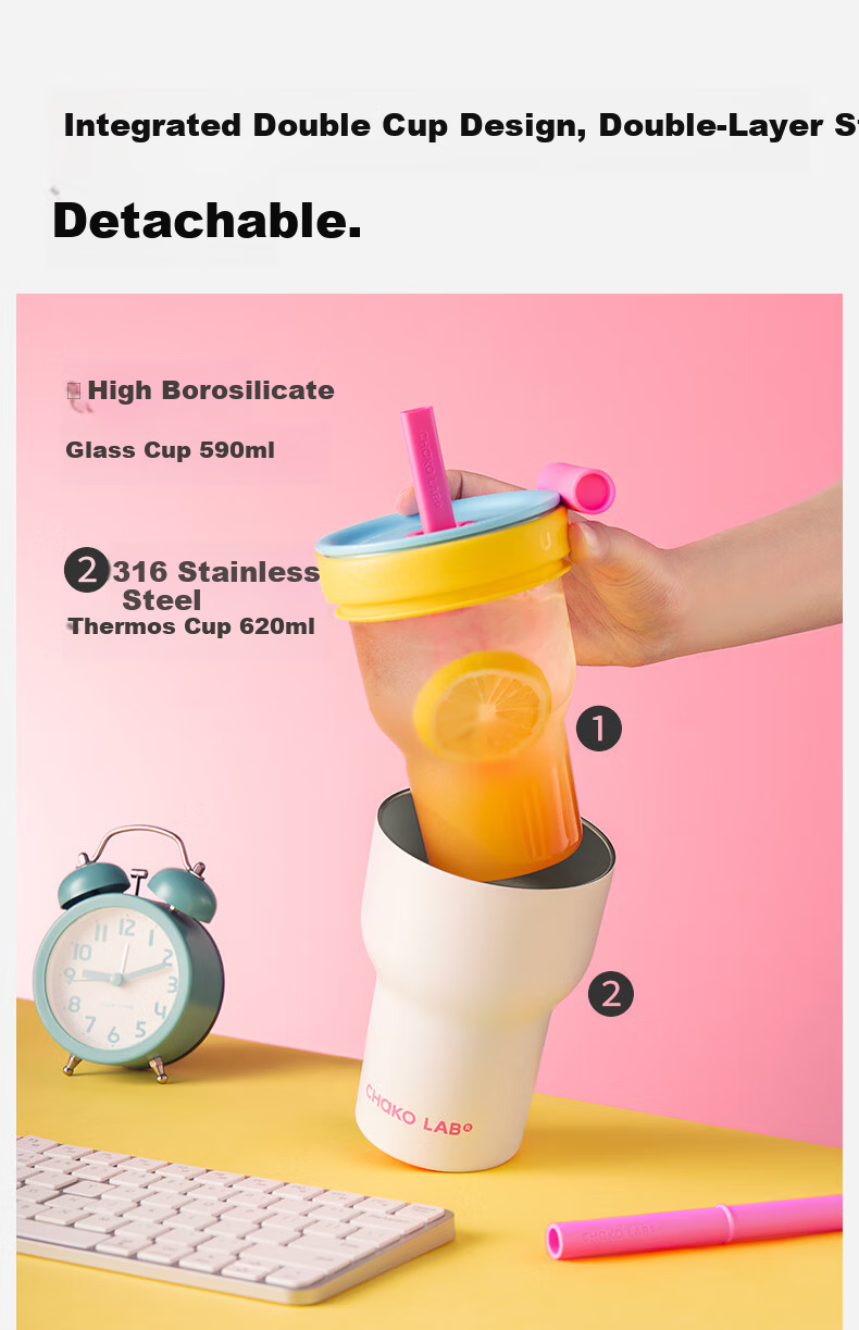 Chakolab Double-Layer Glass Insulated Tumbler Large Capacity Straw Ice Glass Cup Office Stylish Student Coffee Mug 4