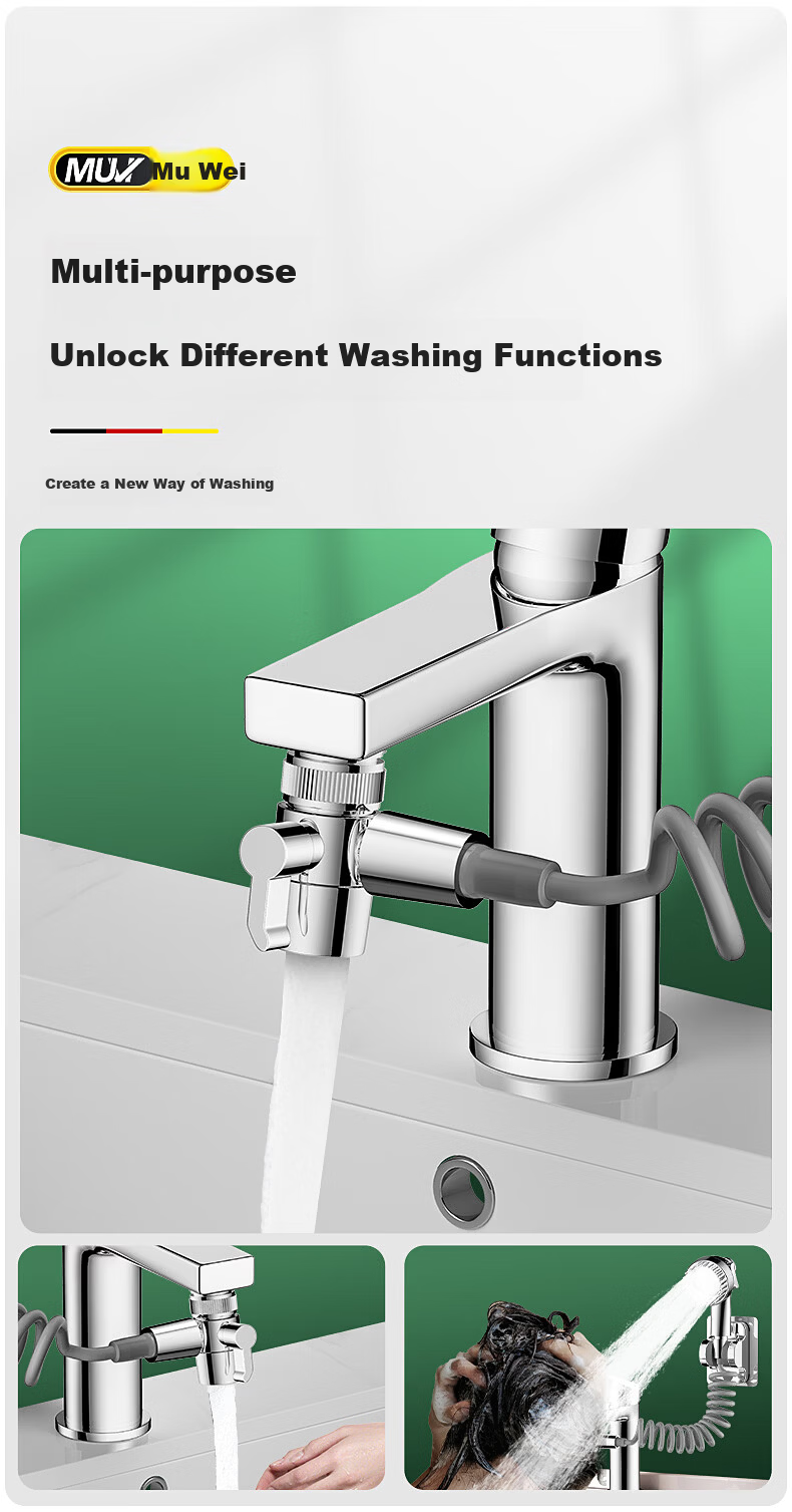 Muvi Faucet Extender External Booster Shower Head Washing Hair Tool Face Basin Mouth Rinse Splitter Adapter 2-in-1 3
