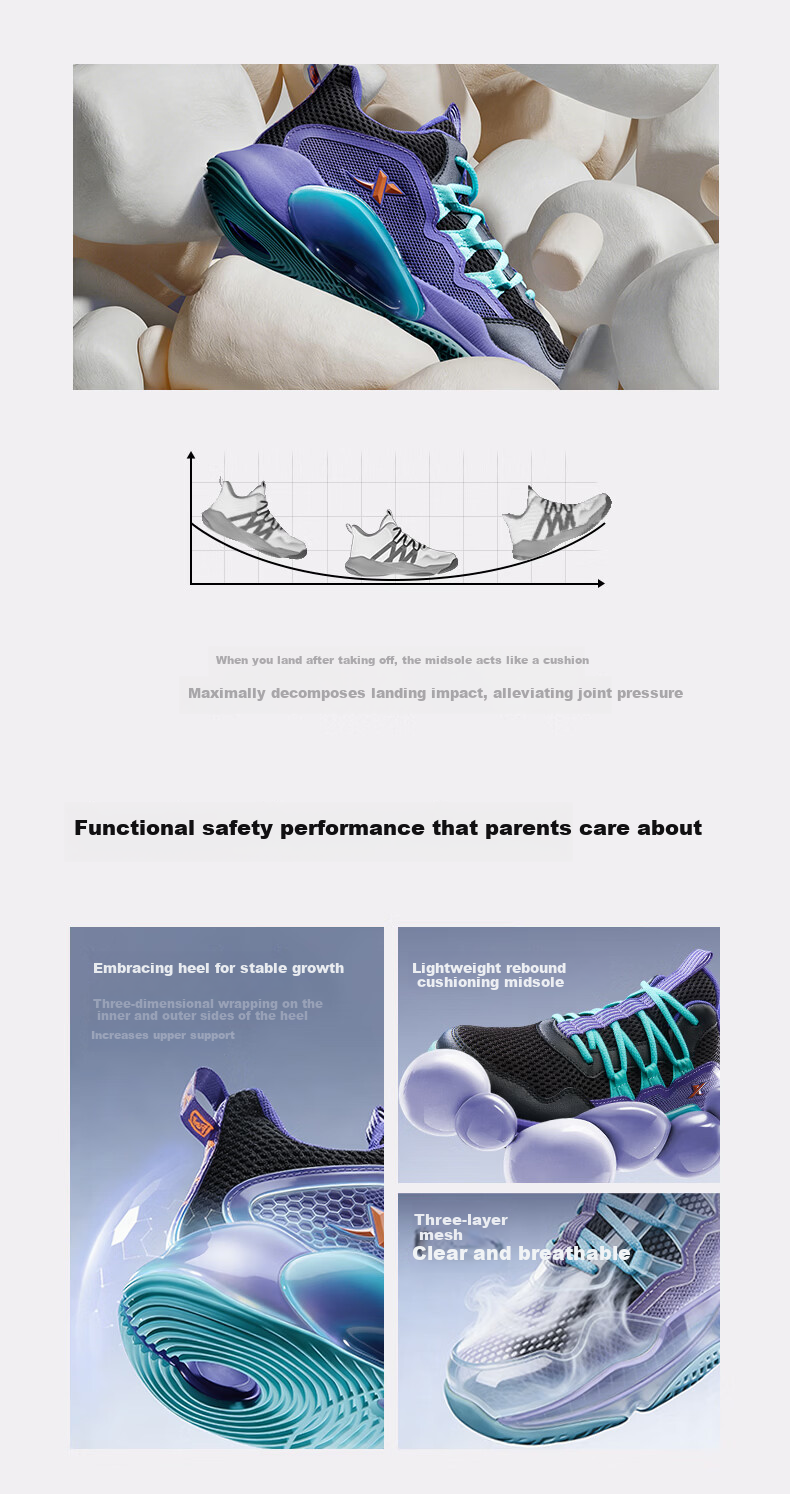 Xtep Kids Zhanmou Mesh Leather Sports Shoes Boys Protective Non-Slip Basketball Shoes Black/Silver Size 34 4