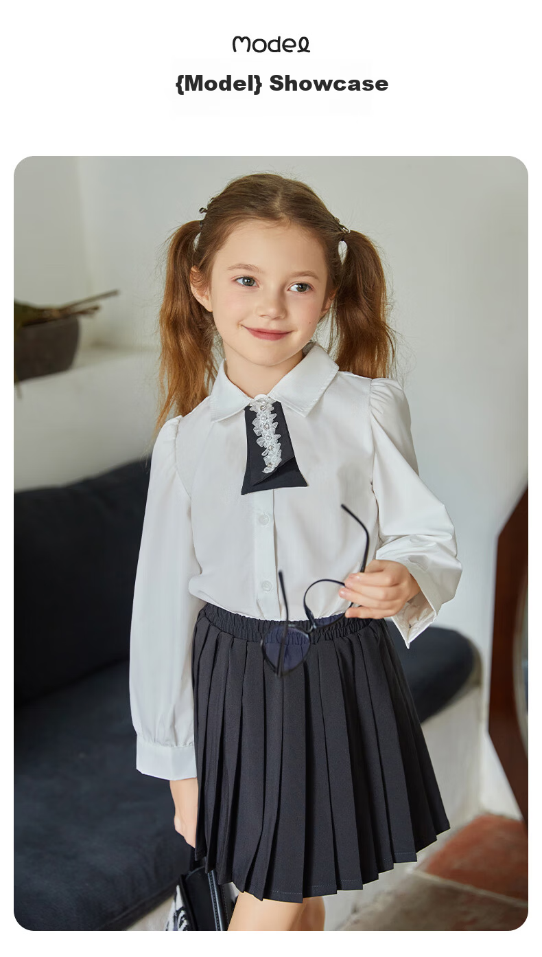 Follow Me Girls' Summer Set: Preppy Style Shirt Top And Pleated Skirt Two-Piece Set White/black 140 6