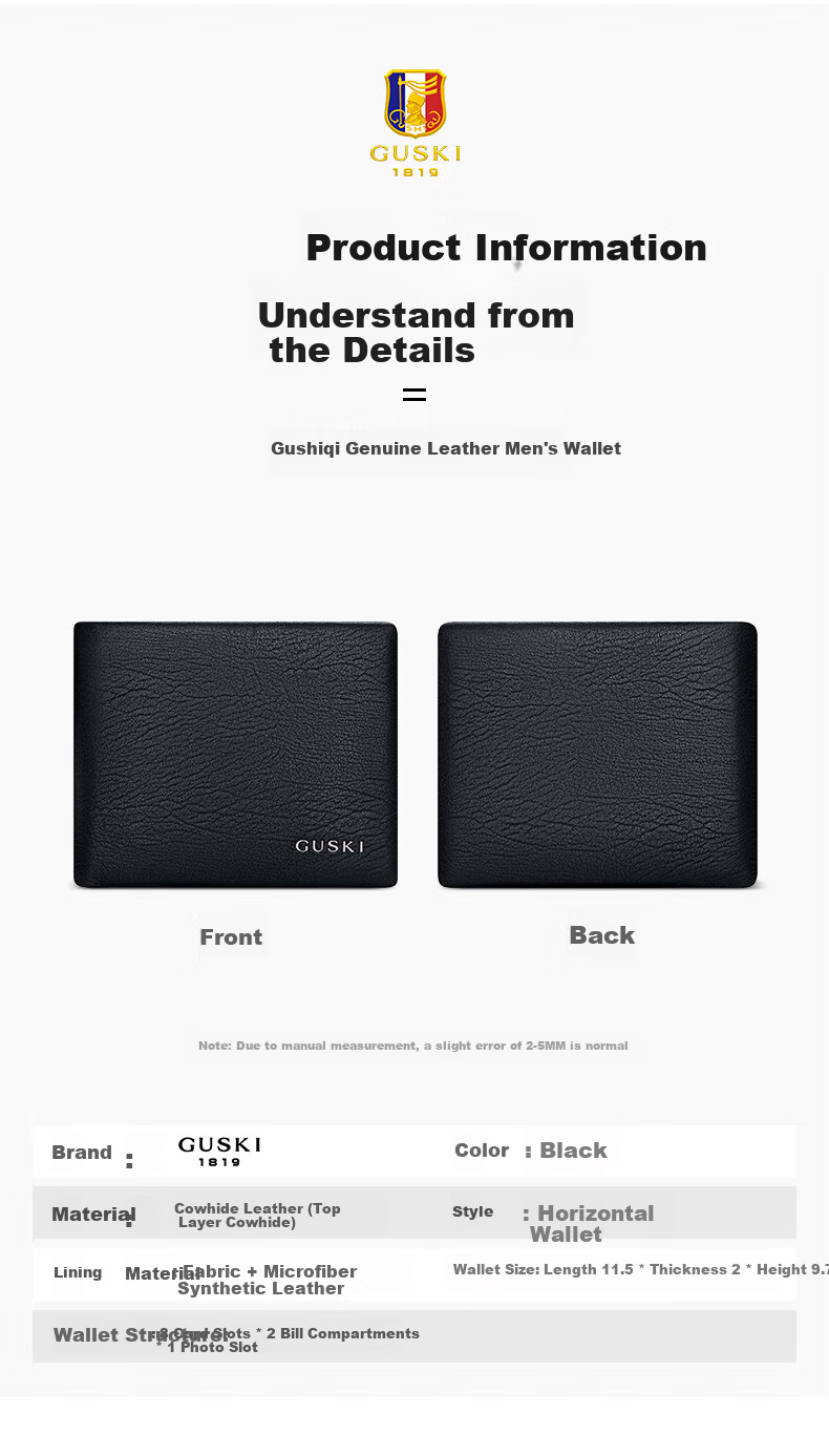 GUSKI Men's Genuine Leather Short Wallet First Layer Leather Card Holder Gift Box Valentine's Day Gift for Boyfriend 5