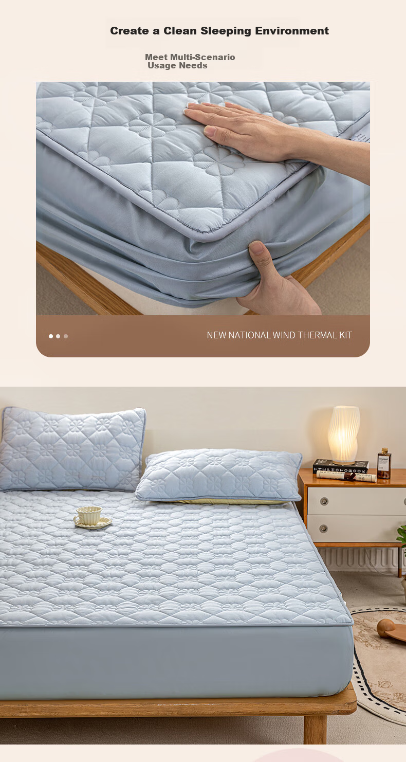 MUJI Class A Quilted Cotton Fitted Sheet Single Piece 1.8x2m Blue Full Coverage Mattress Protector 1