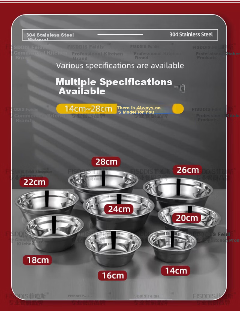 FISDDIS 304 Stainless Steel Soup Bowl Household Large Basin Kitchen Vegetable Washing and Seasoning Bowl Thickened Food Grade Marinating Bowl 14cm 7