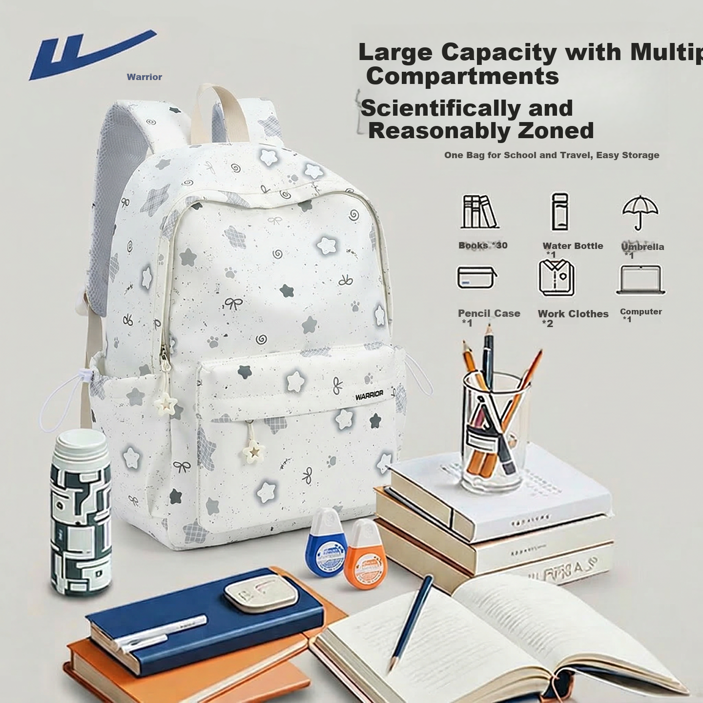 Warrior Girls' School Backpack Ins Style High-Value Large Capacity College Student Lightweight Shoulder Bag for Middle and High School Students