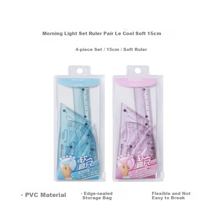 M&G Student Drawing Soft Ruler Set (Ruler + 2 Triangles + Protractor) Blue and Pink Random ARLN0467 4 Pieces/Set