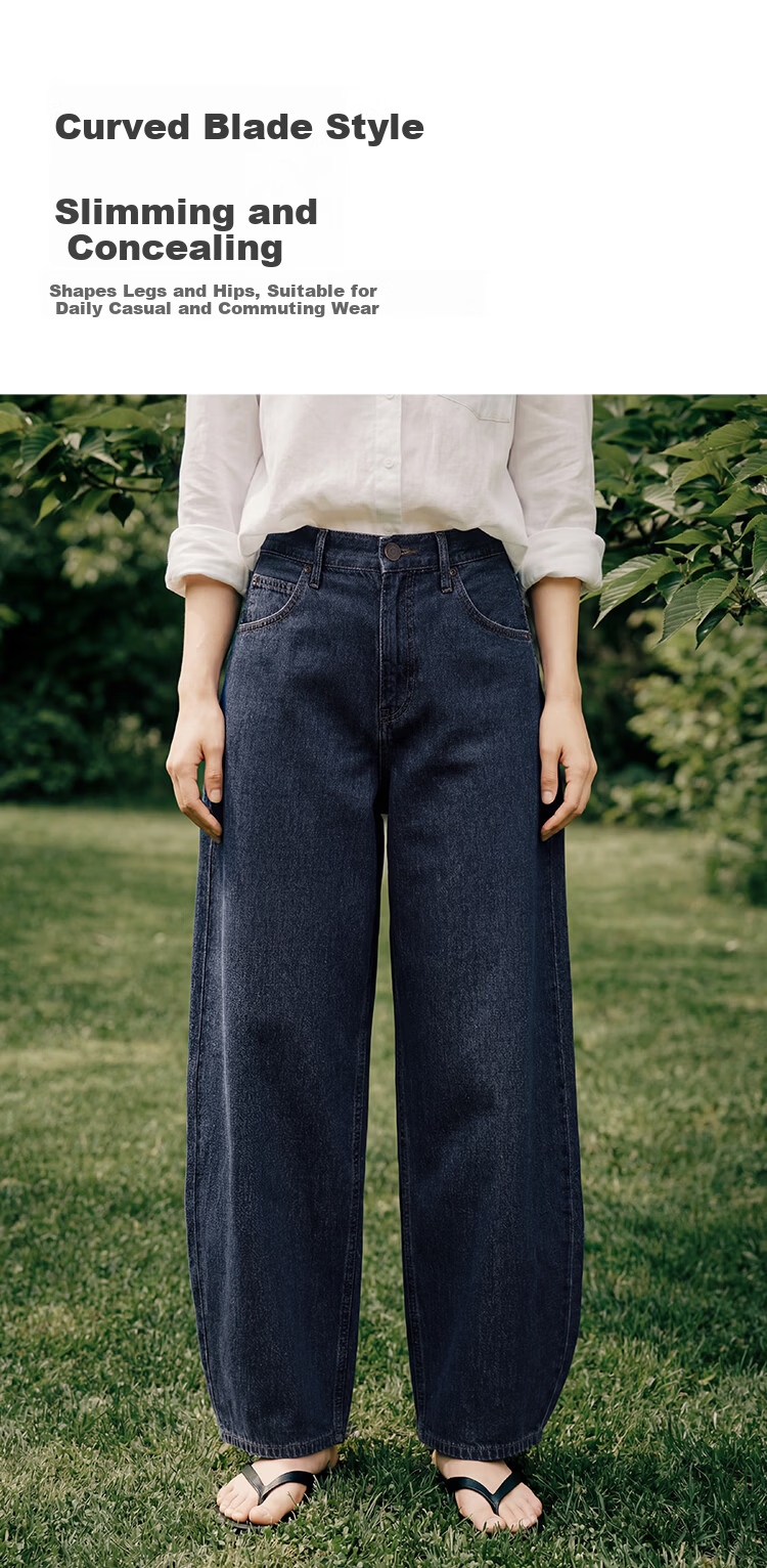 JD Jingzao Linen Curved Blade Women's Jeans Vintage Style Casual Pants 2026 New Spring Autumn Women's Trousers Retro Dark Blue 29 5