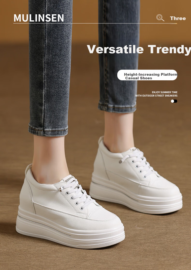 MULINSEN Women's New Thick-Soled Hidden Height Increase White Sneakers Spring Summer Casual Sports Shoes Slimming Versatile Black Size 36 1