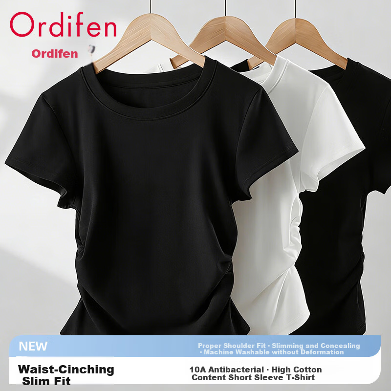 Ordifen 10A Antibacterial Women's Base Layer T-Shirt, 91% Cotton, Crew Neck, Set-in Shoulder, Short Sleeve, Summer Slim Fit, Black, Size M