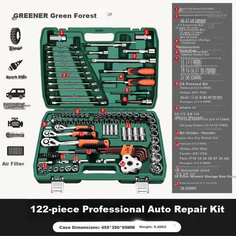 GREENER 122-Piece Professional Auto Repair Tool Set with Large, Medium, and Small Ratchets, Household Combination Wrenches, Complete Kit