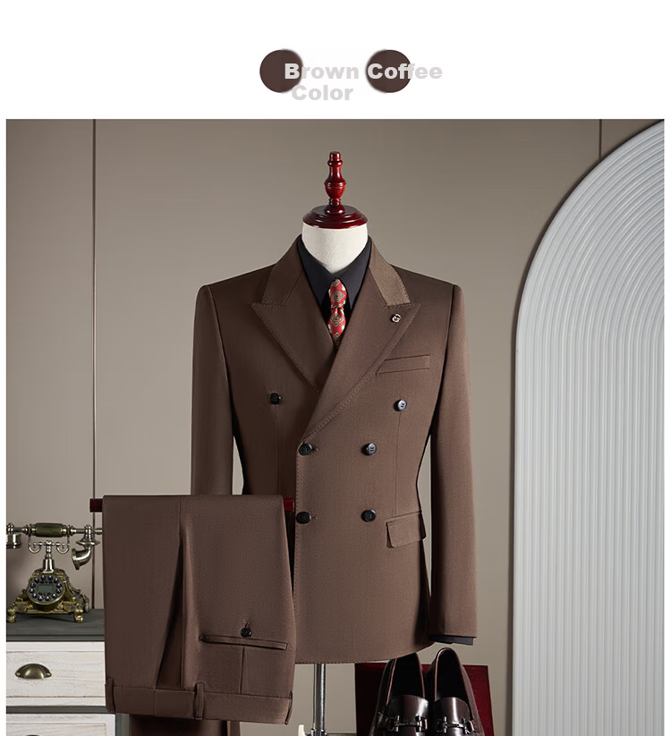 ROMON Men's Wool Suit Set Business Wedding Formalwear Brown Coffee M (Blazer + Vest + Trousers) 18