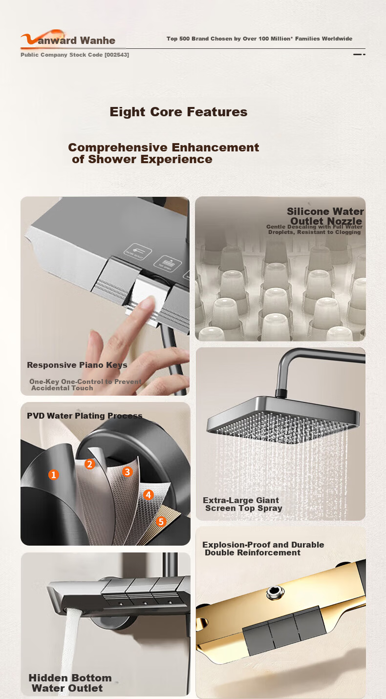 Vanward Shower Set Complete Bathroom Shower Head High Pressure Thickened Main Body Piano Key 52 2